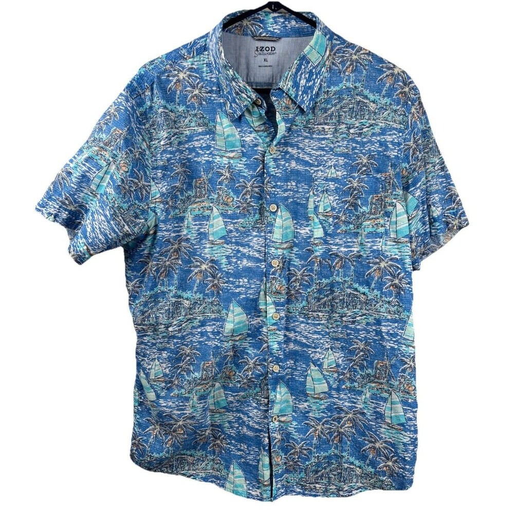 IZOD Saltwater Men’s XL Sailing Blue Button Down Hawaiian Shirt 100% Cotton - Picture 2 of 5
